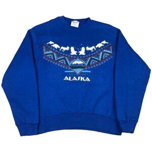 Vintage 90s Alaska Tribal Pattern Blue Sweatshirt Women’s Medium‎